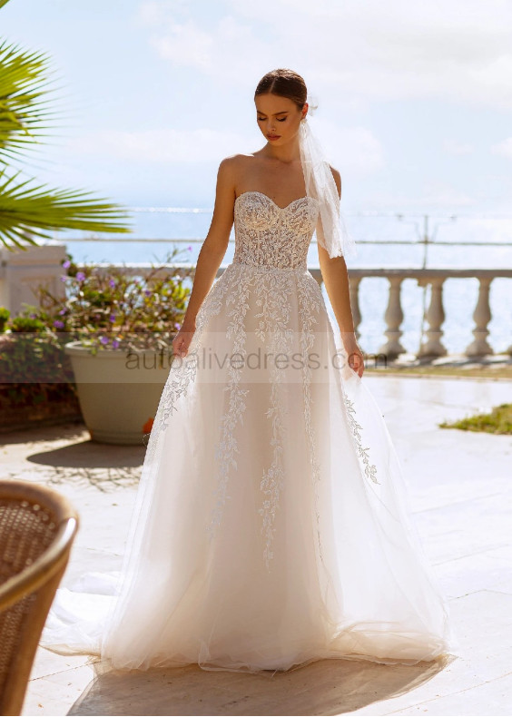 Strapless Ivory Lace Tulle Classic Wedding Dress With Detachable Sleeves Strapless Ivory Lace Tulle Classic Wedding Dress With Detachable Sleeves